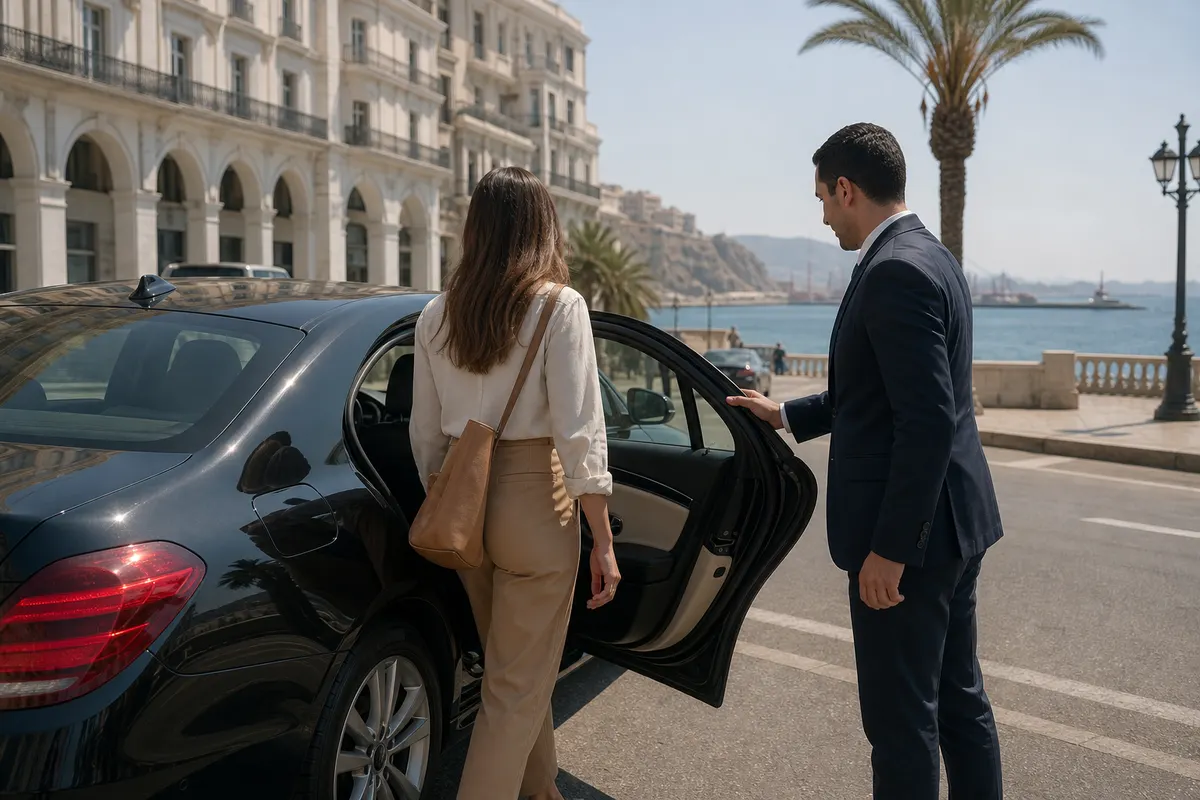 Chauffeur ouvrant la porte arrière d’une berline à Oran