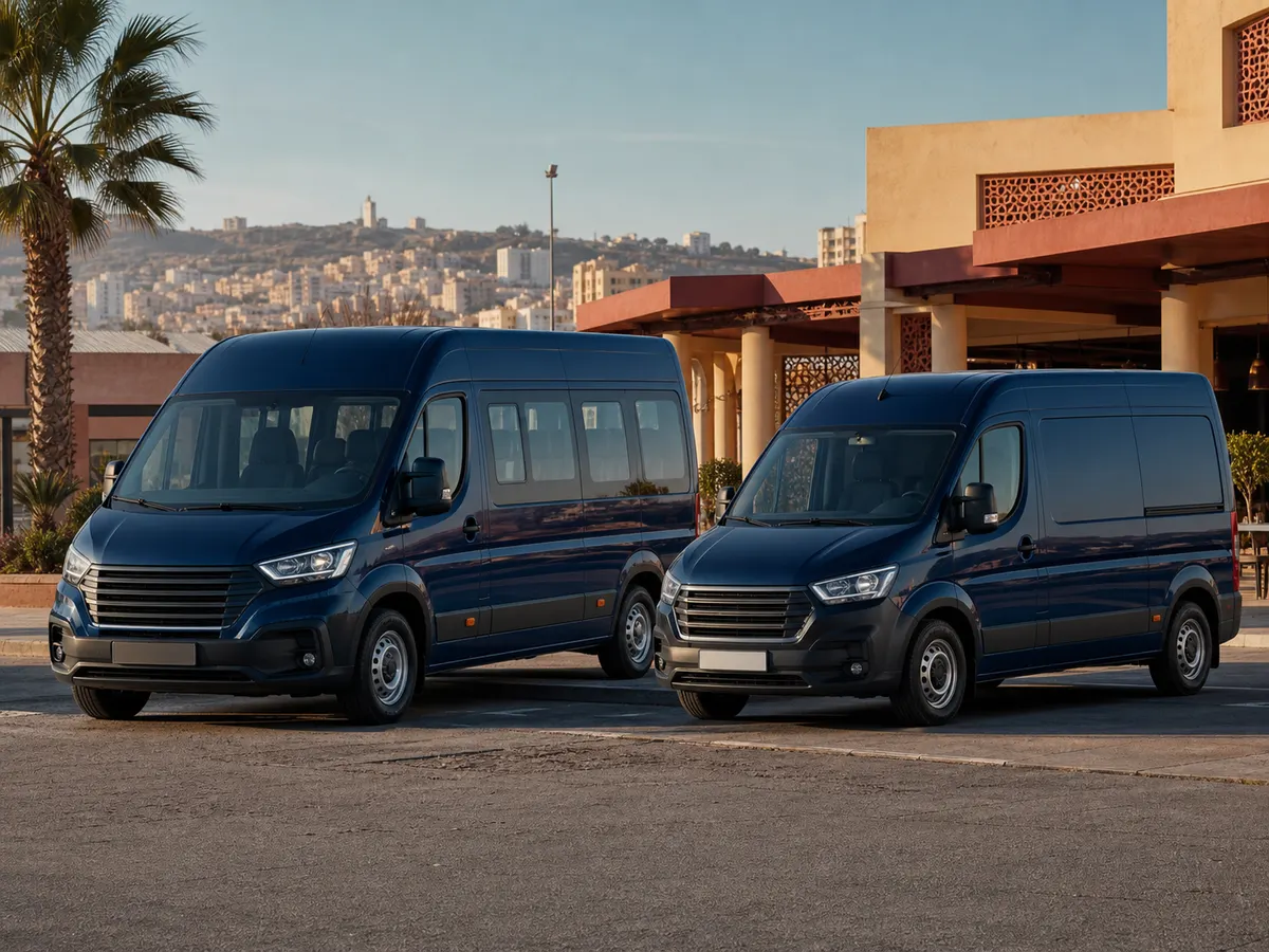 Utilitaire moderne aux côtés d’un minibus